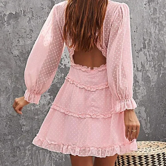 Dusty Pink Swiss Dot Mini Dress with Ruffles – Size Large - Picture 2 of 15